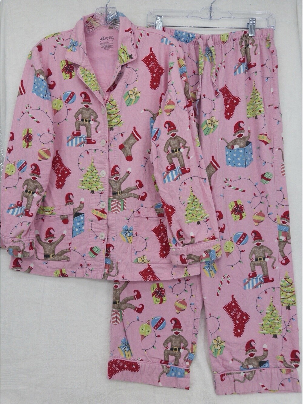Nick And Nora Pajamas Set Medium Pink Flannel Sock Monkey Christmas Shirt Pants